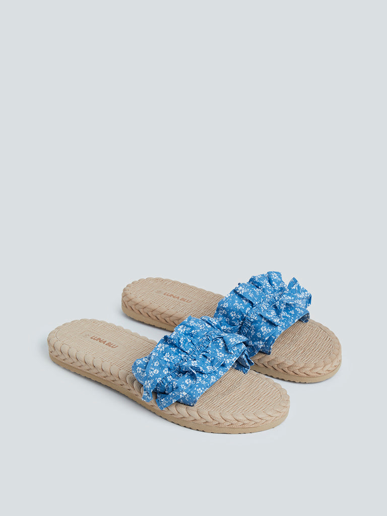 LUNA BLU Blue Frill Detailed Textured Slides